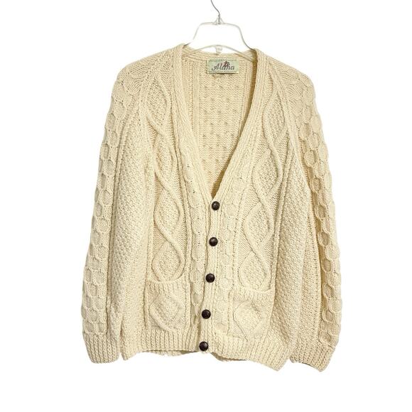 Alana Irish Wool Fisherman's Cable Knit V-Neck Cardigan Cream Dublin Handknitted - Picture 1 of 10